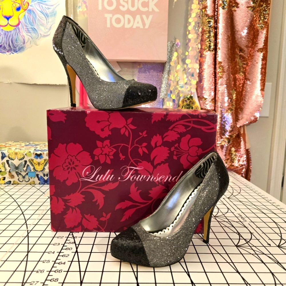 Lulu Townsend Silver Glitter Vivian Heels - 7